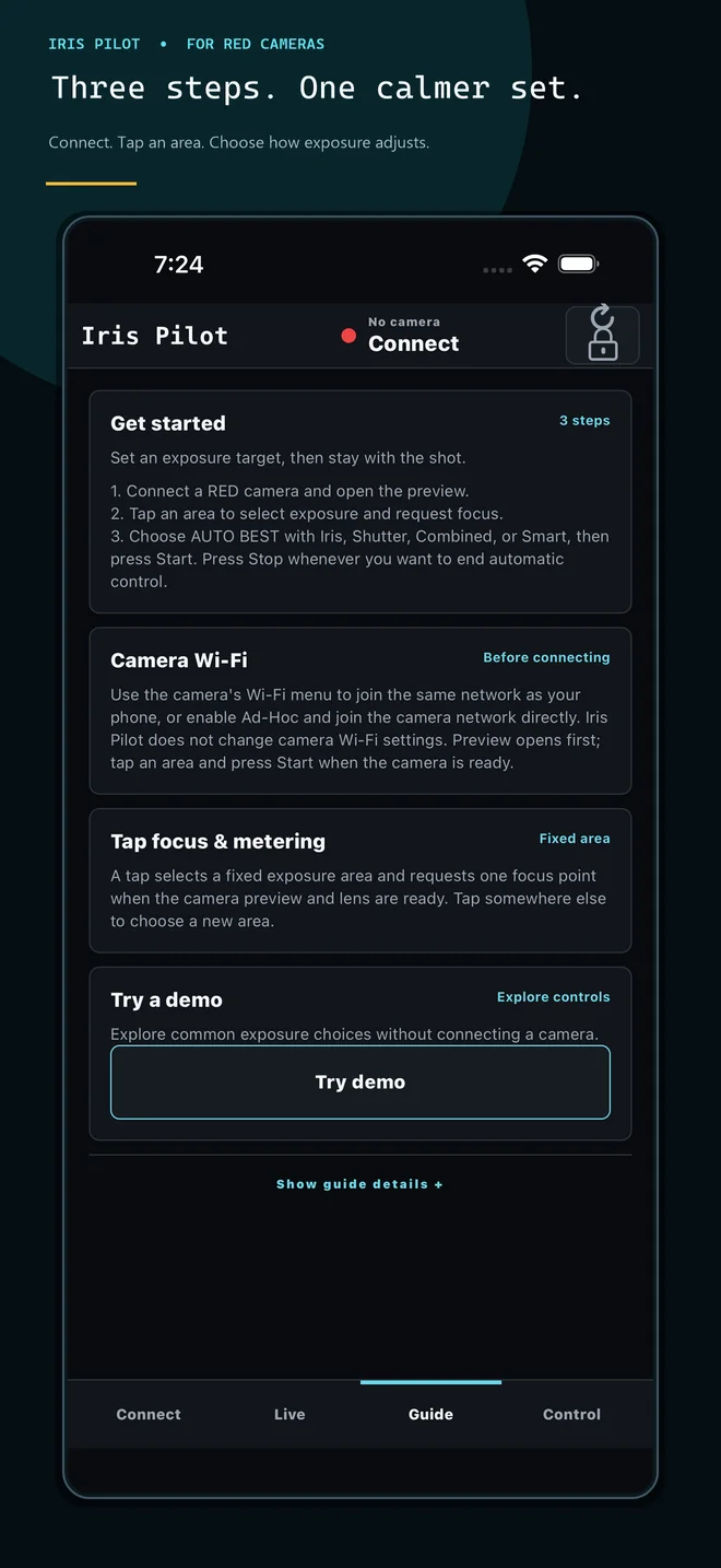 Iris Pilot guide showing the three-step setup and demo entry.